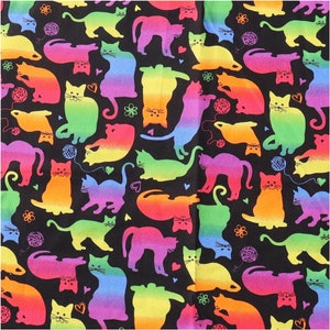 May include: A black fabric with a repeating pattern of rainbow colored cats. The cats are in various poses, including sitting, standing, and lying down.