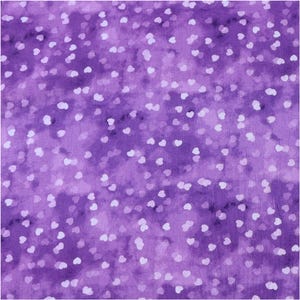 May include: Purple fabric with a white heart pattern. The hearts are scattered randomly across the fabric.