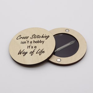Engraved Wooden Needle Case | Needle Box | Needle Storage Case | Needle Holder | Round - Cross Stitching isn&#39;t a hobby It&#39;s a way of life