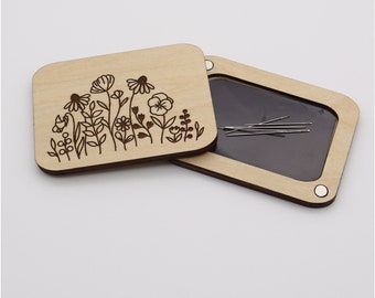 Engraved Wooden Needle Case | Needle Box | Needle Storage Case | Cross Stitch Needle Holder | Rectangle | Floral