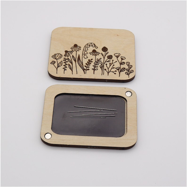 Personalized Engraved Wooden Needle Case Needle Box Needle Storage Case Cross Stitch Needle Holder Rectangle Floral image 4