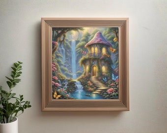 May include: A framed painting of a whimsical cottage nestled in a lush forest with a waterfall cascading down the side. Butterflies flutter around the cottage and flowers bloom in vibrant colors.
