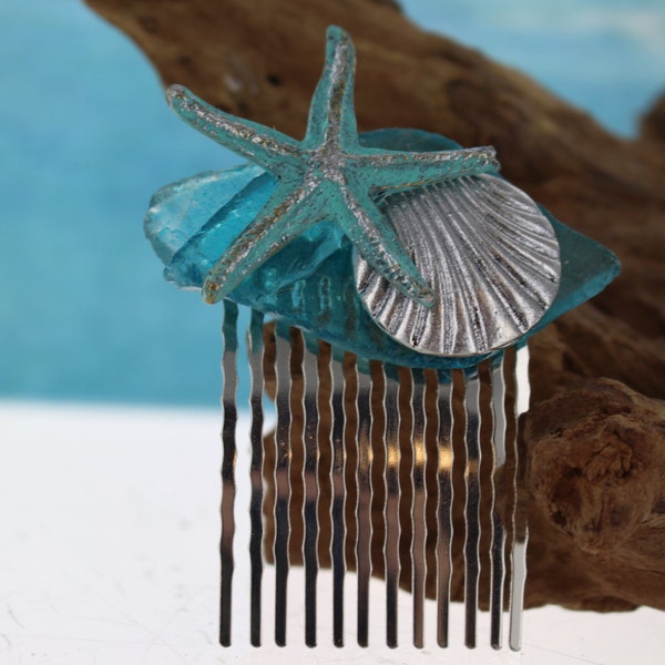 Turquoise Starfish with Sea Glass Bridal Comb/ Beach Comb