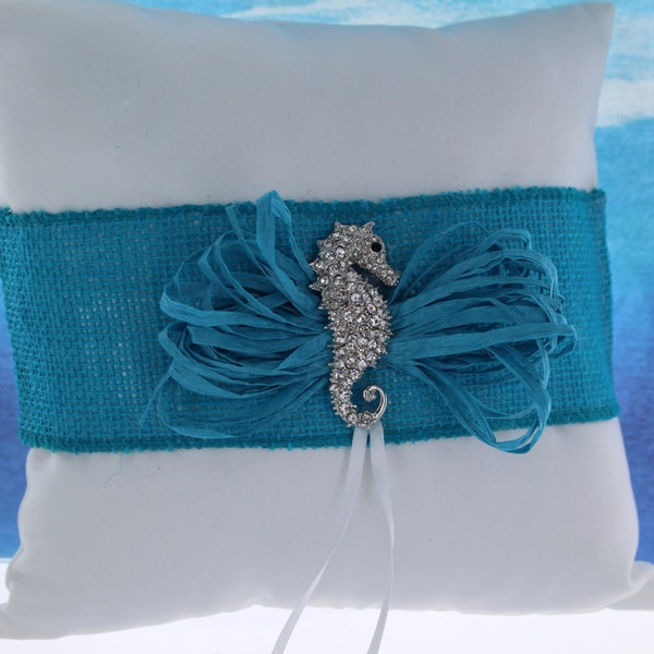 Ring Bearer Pillow with Silver Seahorse and Turquoise Ribbon and Burlap/ Beach Themed Wedding