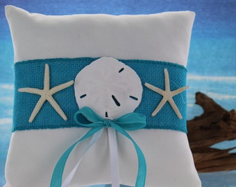 Ring Pillow in Turquoise and White / Starfish Ring Pillow / Beach Wedding Ring Bearer Pillow / Starfish and Sand Dollar Pillow / Starfish