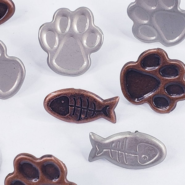 12 Cat Paw Fish Brads Antique Bronze Pewter Kitty Kitten Scrapbooking Embellishments Stamping Junk Journals Handmade Cards