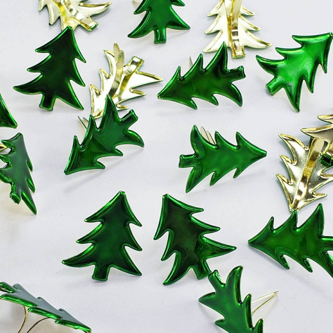 20 Metallic Green Christmas Tree Brads Pine Trees Cardmaking