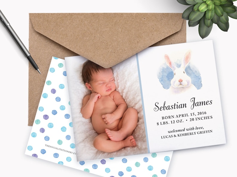 Rabbit Baby birth announcement Bunny Rabbit Printable Watercolor New baby boy