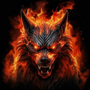 Puede incluir: La cabeza de un lobo feroz y gruñón envuelta en llamas. El lobo tiene ojos rojos brillantes y dientes afilados. Las llamas son de un naranja y amarillo vibrantes.