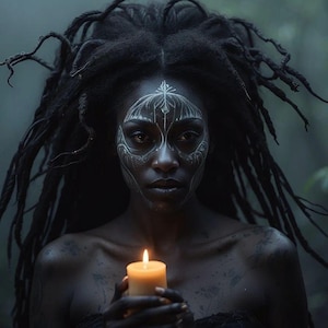 May include: A person with dark skin and long, dark, textured hair holds a lit, cylindrical, cream-colored candle. White, intricate, symmetrical line art is painted across the forehead and cheeks, creating a detailed, decorative facial pattern.