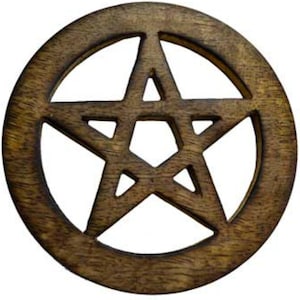 May include: A round, wooden coaster with a pentagram design. The coaster is made of a dark brown wood with a visible grain. The pentagram is cut out of the center of the coaster, creating an open design. The coaster is likely used for spiritual or decorative purposes.