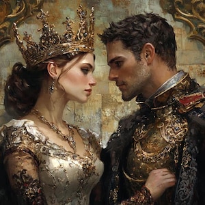 Peut inclure: Une peinture représentant un couple en tenue de cour. La femme porte une couronne dorée et une robe blanche brodée d'or. L'homme porte un costume sombre avec des accents dorés et une barbe. Ils se regardent avec une expression romantique.