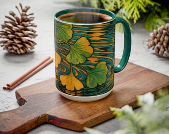 Ginkgo Leaves Pattern Mug | Yellow Green Botanical Ceramic Coffee Cup