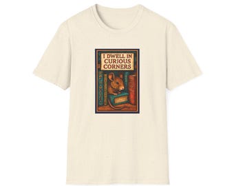 Camiseta con diseño de ratón de biblioteca "I Dwell in Curious Corners" / Diseño de ratón de biblioteca lector