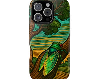 Funda para teléfono con diseño de cigarra vibrante: protección de doble capa, arte natural