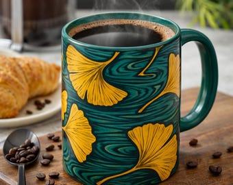Ginkgo Leaf Pattern Mug | Yellow Leaves on Teal Swirl Background