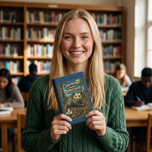 May include: A blue book with the text "Emotional Support Opossum" and an illustration of an opossum. The book is held by a person wearing a green sweater in a library setting.