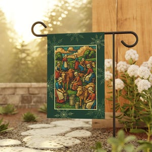 May include: A green garden flag depicting a rural scene of women milking cows. The artwork is framed with a decorative border. The flag is displayed on a black metal stand in a garden setting.