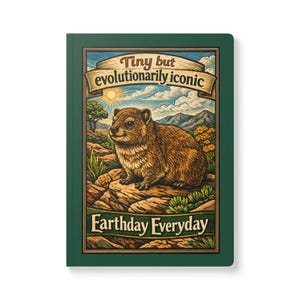 Op de afbeelding: Een groen notitieboek met een gedetailleerde illustratie van een klein, bruin dier in een rotsachtig landschap met bergen en een zon. De tekst "Tiny but evolutionarily iconic" staat boven het dier en "Earthday Everyday" eronder.
