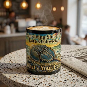May include: A black ceramic mug filled with coffee featuring a colorful illustration of a horseshoe crab on a beach. The text reads: Surviving Since the Late Ordovician, What's Your Excuse? The mug has a glossy finish and contains a steaming beverage.