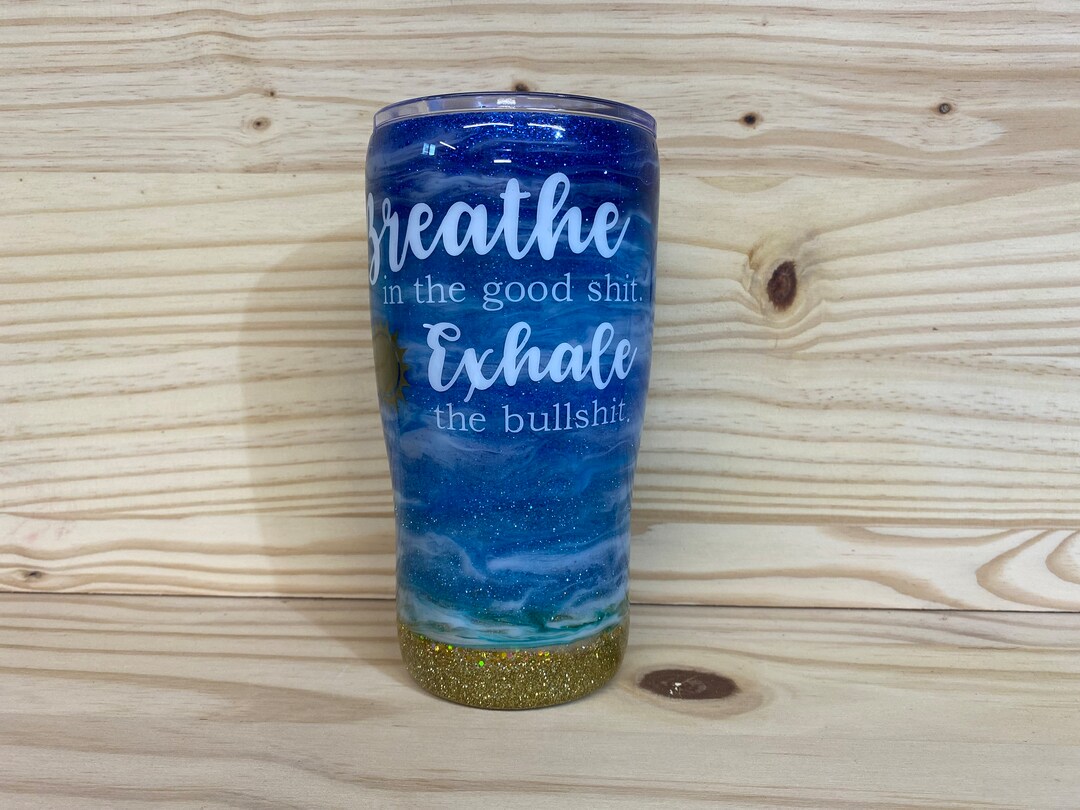 Inhale Exhale Lake Beach Wave Theme Glitter Blue Gold White Tumbler