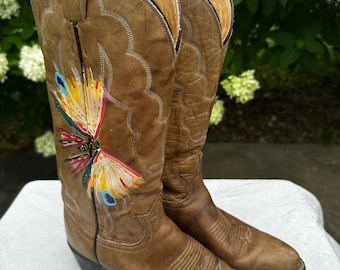 Hand-Painted Butterfly Leather Cowboy Boots – Vintage Women's Size 6.5 D