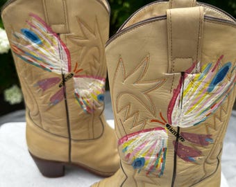Hand-Painted Leather Butterfly Cowboy Boots – Vintage Women's Size 7.5