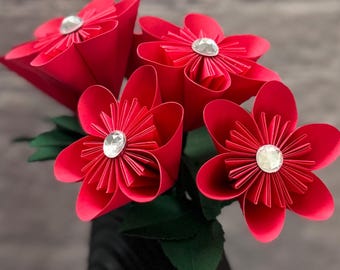 Red Paper Flowers on Stems | Red Paper Flower Bouquet | Red Round Kusudama Origami Flowers