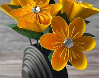 Yellow Paper Flowers on Stems | Wedding Flower Decor | Paper Anniversary Gift | Reusable Paper Roses | Recycled Paper Flower Decor