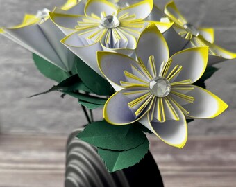 White & Yellow Paper Flowers w/ Stems (set of 6) | Paper Anniversary Gift | Wedding Centerpiece Flowers | Bridal Bouquet | Mother's Day Gift