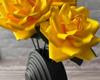 Yellow Paper Flowers on Stems | Wedding Flower Decor | Paper Anniversary Gift | Reusable Paper Roses | Recycled Paper Flower Decor