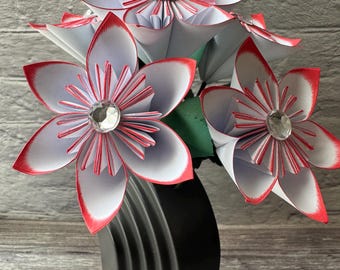 White & Red Paper Flowers with Stems (set of 6) | Paper Anniversary Gift | Wedding Centerpiece Flowers | Bridal Bouquet | Mother's Day Gift