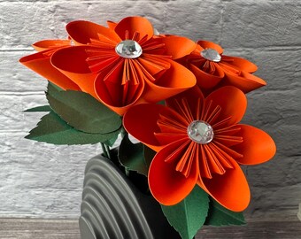 Orange Paper Flowers on Stems | Wedding Flower Decor | Paper Anniversary Gift | Reusable Paper Roses | Recycled Paper Flower Decor