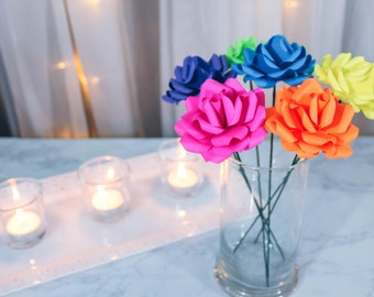 Neon Rainbow Paper Flower Roses With Stems - Paper Anniversary Gift