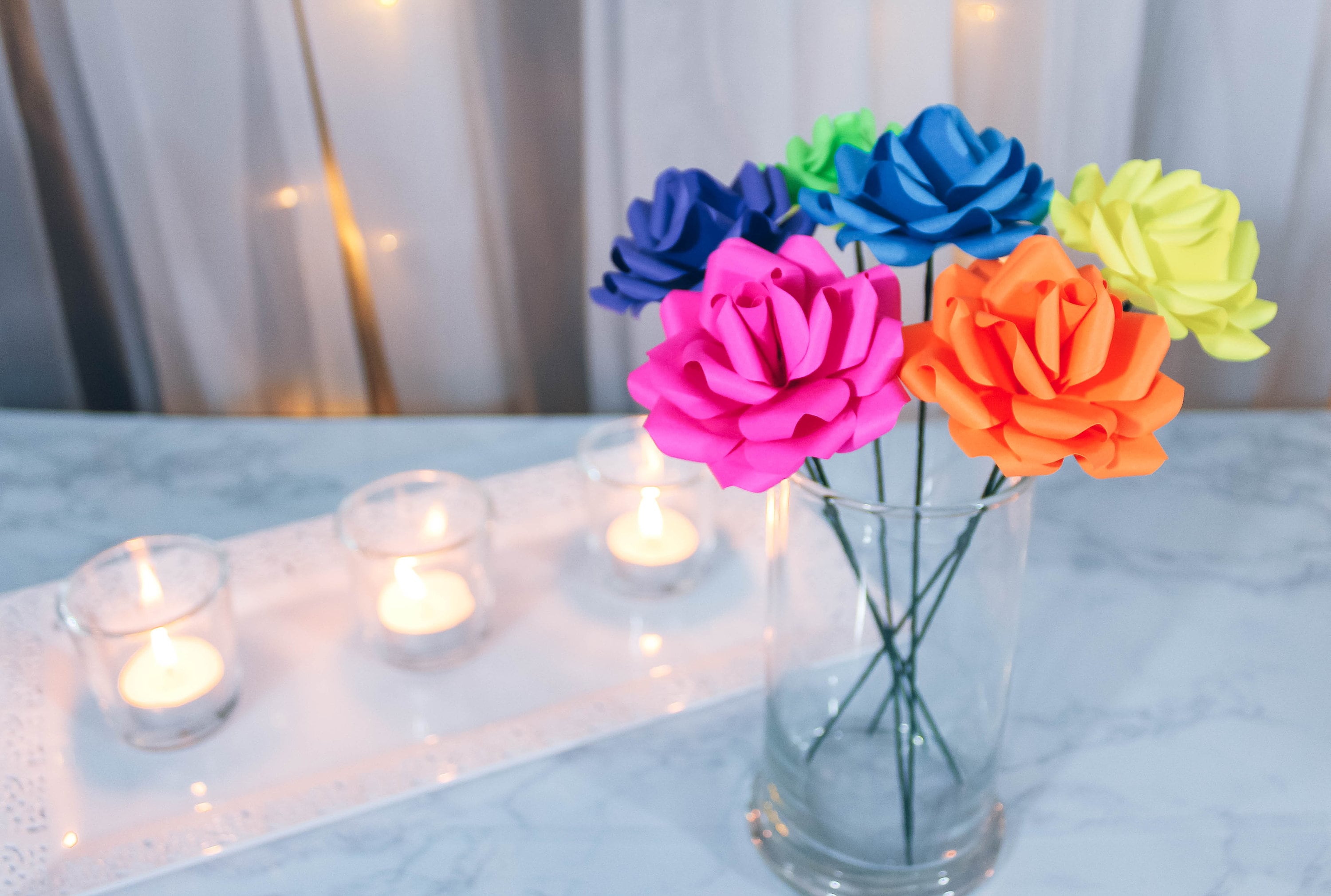 Neon Rainbow Paper Flower Roses With Stems - Paper Anniversary Gift