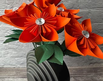 Orange Paper Flowers on Stems | Wedding Flower Decor | Paper Anniversary Gift | Reusable Paper Roses | Recycled Paper Flower Decor