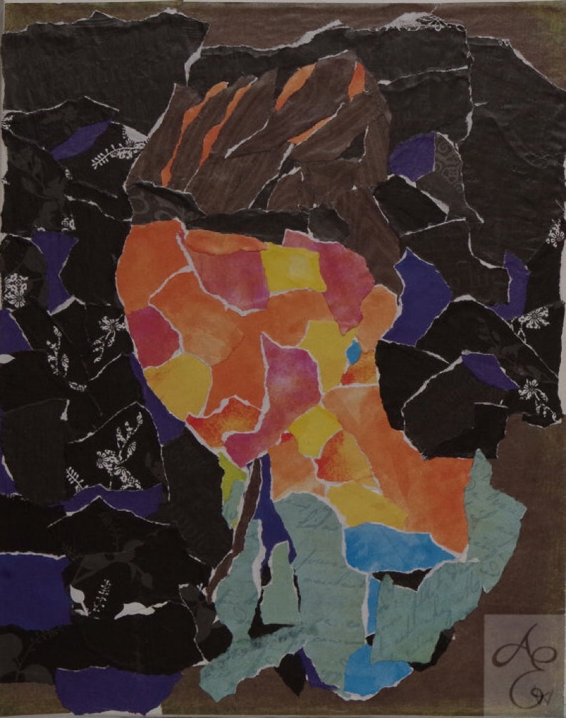May include: Abstract collage artwork featuring a vibrant orange, yellow, and pink central element surrounded by black, blue, and green paper pieces.