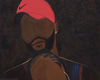 May include: A painting depicting a couple against a dark backdrop. The man is wearing a red baseball cap with a white logo. The woman is resting her head on the man's shoulder. The painting is executed in a minimalist style, featuring simple lines and shapes.