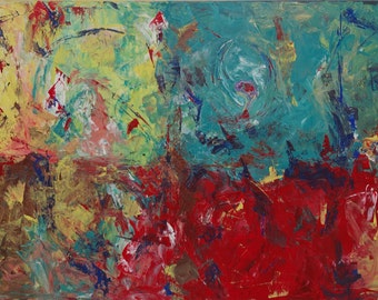 May include: Abstract painting with bold strokes of yellow, green, blue, red, and brown paint. The painting is textured and has a dynamic composition.