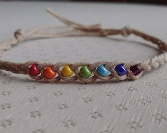 Hemp Beaded Wish Bracelet, Rainbow Friendship Bracelet, Gay Pride Gift, LGBTQ