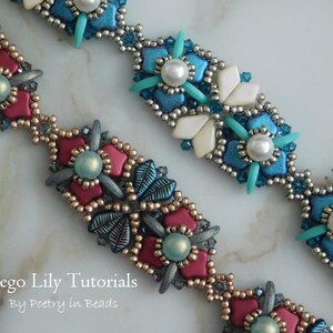 May include: Two beaded bracelets with intricate floral designs. One bracelet features red and blue beads, while the other features white, blue, and silver beads. The bracelets are on a white marble surface. Sego Lily Tutorials by Poetry in Beads.