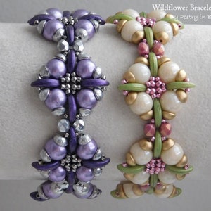 May include: Two beaded bracelets with a flower design. The bracelet on the left is purple and silver, while the bracelet on the right is white, green, gold, and pink. The bracelets are on a white background. Wildflower Bracelet Tutorial by Poetry in Beads.