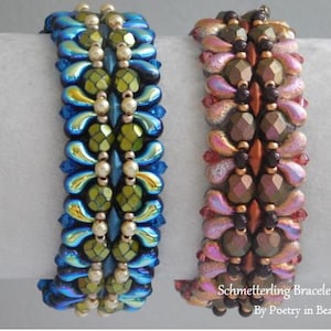 May include: Two beaded bracelets, one blue and green, the other pink and brown, with a title that reads "Schmetterling Bracelet Tutorial By Poetry in Beads".