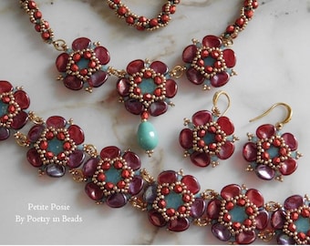 Beaded Bracelet Tutorial, Necklace Tutorial, Earrings Tutorial, Beading Pattern, Petite Posie Set, Swarovski Chaton, Czech Rose Petal, PDF
