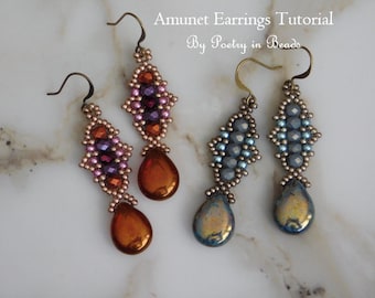 Tutorial de joyería, Tutorial de pendientes Amunet, Patrón de pendientes, Patrón de joyería con cuentas, Tejido de cuentas, Joyería con cuentas de semillas, Pulido al fuego de 4 mm, PDF