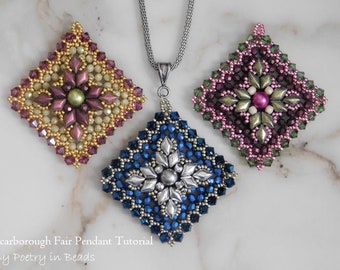 Scarbor Fair Anhänger, Fädelanleitung, Perlenmuster, Anhängeranleitung, Gemduo Diamonduo, Czechmates Cabochon, Rocailles Perlenweben