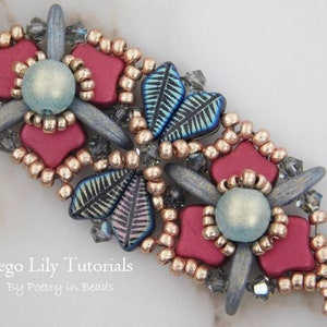 May include: A close-up of a beaded bracelet with a floral design. The bracelet features red, blue, and gold beads, as well as small silver beads. The bracelet is made with a variety of different bead shapes and sizes. The text "Sego Lily Tutorials By Poetry in Beads" is visible in the lower left corner of the image.