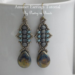 May include: A pair of silver and blue beaded earrings with a teardrop-shaped stone pendant. The earrings are made with seed beads and feature a geometric design. The earrings are called "Amulet Earrings" and the tutorial is by "Poetry in Beads".
