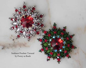 Beading Pendant Tutorial, Bead Pattern, Sunburst Pendant, Swarovski Rivoli, Diamonduo, Superduo, Beading Instrucition, Instant Download, PDF