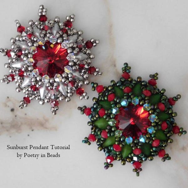 Beading Pendant Tutorial, Bead Pattern, Sunburst Pendant, Swarovski Rivoli, Diamonduo, Superduo, Beading Instrucition, Instant Download, PDF